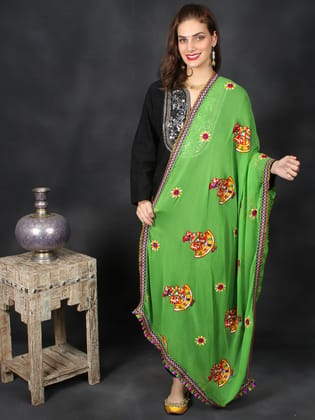 Green Phulkari Dupatta With Sequin Embroidered Dandiya Motif And Saori Lace On The Borders From Rajasthan