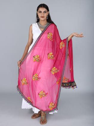 Fuschia Phulkari Dupatta With Sequin Embroidered Dandiya Motif And Saori Lace On The Borders From Rajasthan