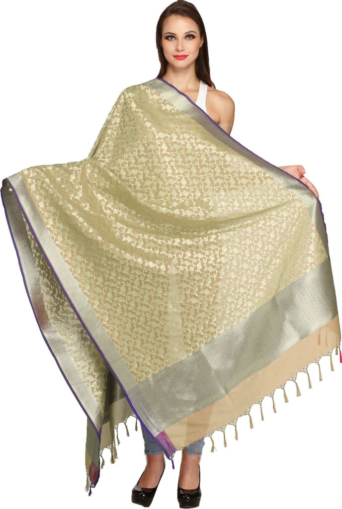 Marzipan Banarasi Brocaded Zari Thread Dupatta with Floral Weave - Dupattas & Shawls | Buy online on ZillyBuy