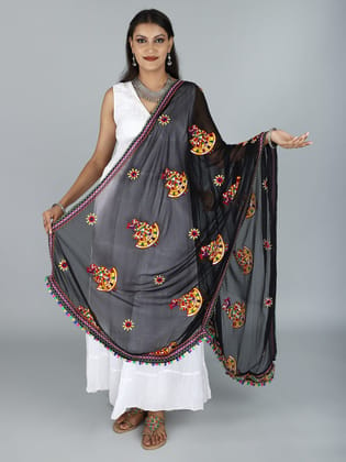 Black Phulkari Dupatta With Sequin Embroidered Dandiya Motif And Saori Lace On The Borders From Rajasthan