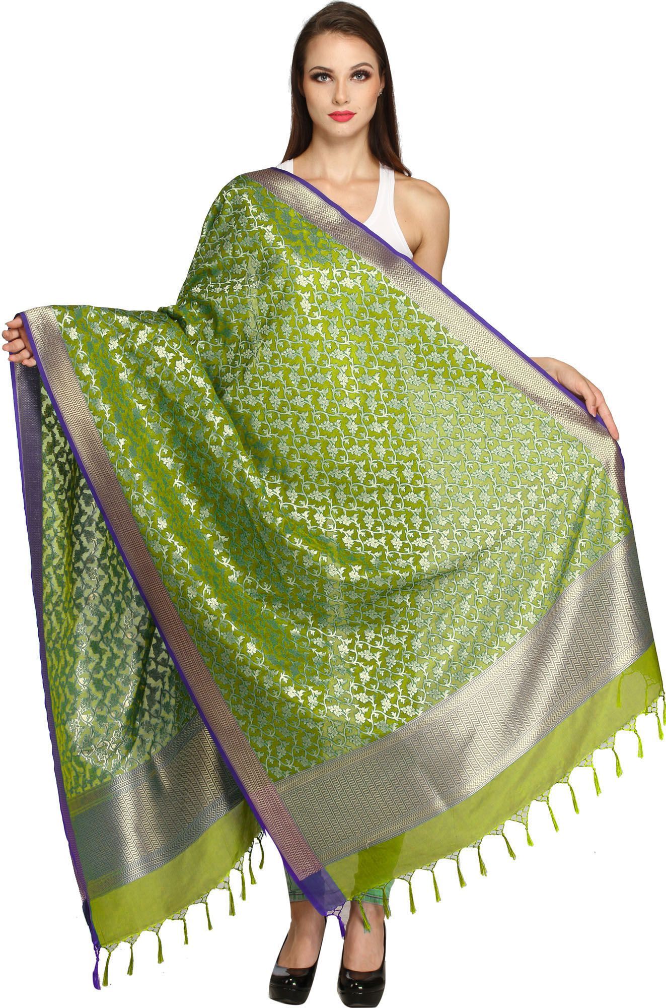 Peridot-Green Banarasi Brocaded Zari Thread Dupatta with Floral Weave