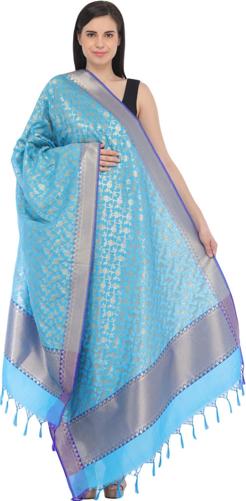 Cyan-Blue Banarasi Brocaded Zari Thread Dupatta with Floral Weave - Dupattas & Shawls | Buy online on ZillyBuy