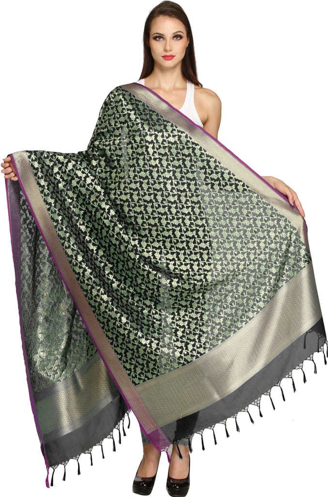 Caviar-Black Banarasi Brocaded Zari Thread Dupatta with Floral Weave - Dupattas & Shawls | Buy online on ZillyBuy
