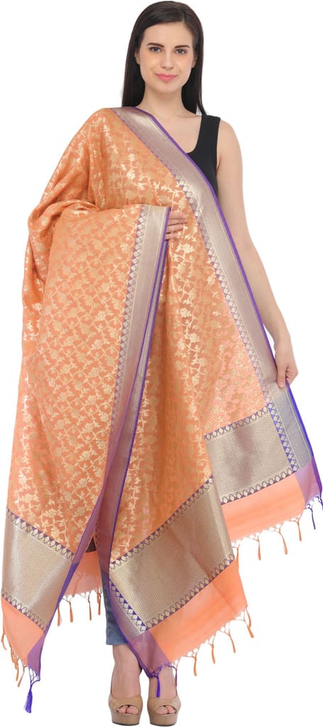 Coral-Reef Banarasi Brocaded Zari Thread Dupatta with Floral Weave - Dupattas & Shawls | Buy online on ZillyBuy