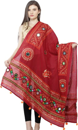 Rosewood Printed Dupatta from Kutch with Hand-Embroidered Florals and Mirrors