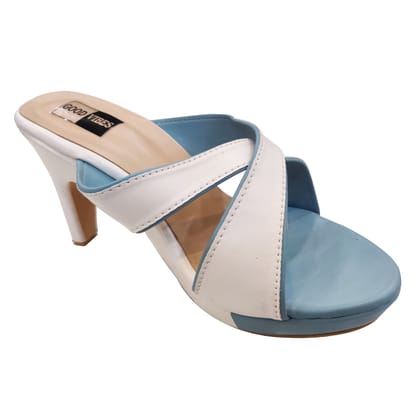 Color Block Fashion Sandals | White Blue Comfortable and Stylish Long Heels Slip On | for Casual Wear & Formal Wear Occasions 4 Inches Heel | for Women & Girls (Numeric_8)
