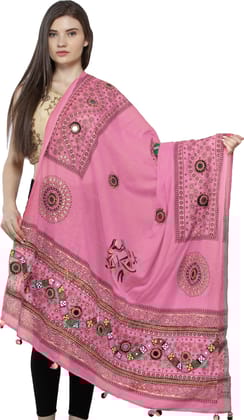 Pink-Carnation Printed Dupatta from Kutch with Hand-Embroidered Florals and Mirrors