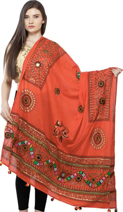 Nasturtium Printed Dupatta from Kutch with Hand-Embroidered Florals and Mirrors