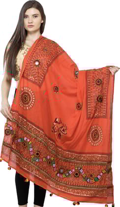 Nasturtium Printed Dupatta from Kutch with Hand-Embroidered Florals and Mirrors