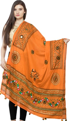 Carrot-Orange Printed Dupatta from Kutch with Hand-Embroidered Florals and Mirrors
