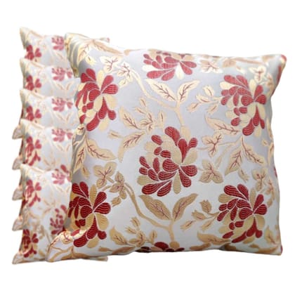 Maroon White Damask / Self Design / Woven Floral Motifs Zipper Square Combo Cushion Covers (16x16 inch or 40 x 40 cm) Set of 6