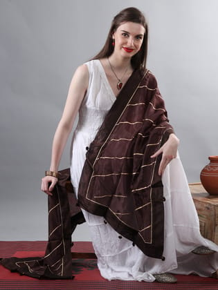 Umber-Brown Gota Dupatta from Amritsar with Patch Border and Pom-Poms