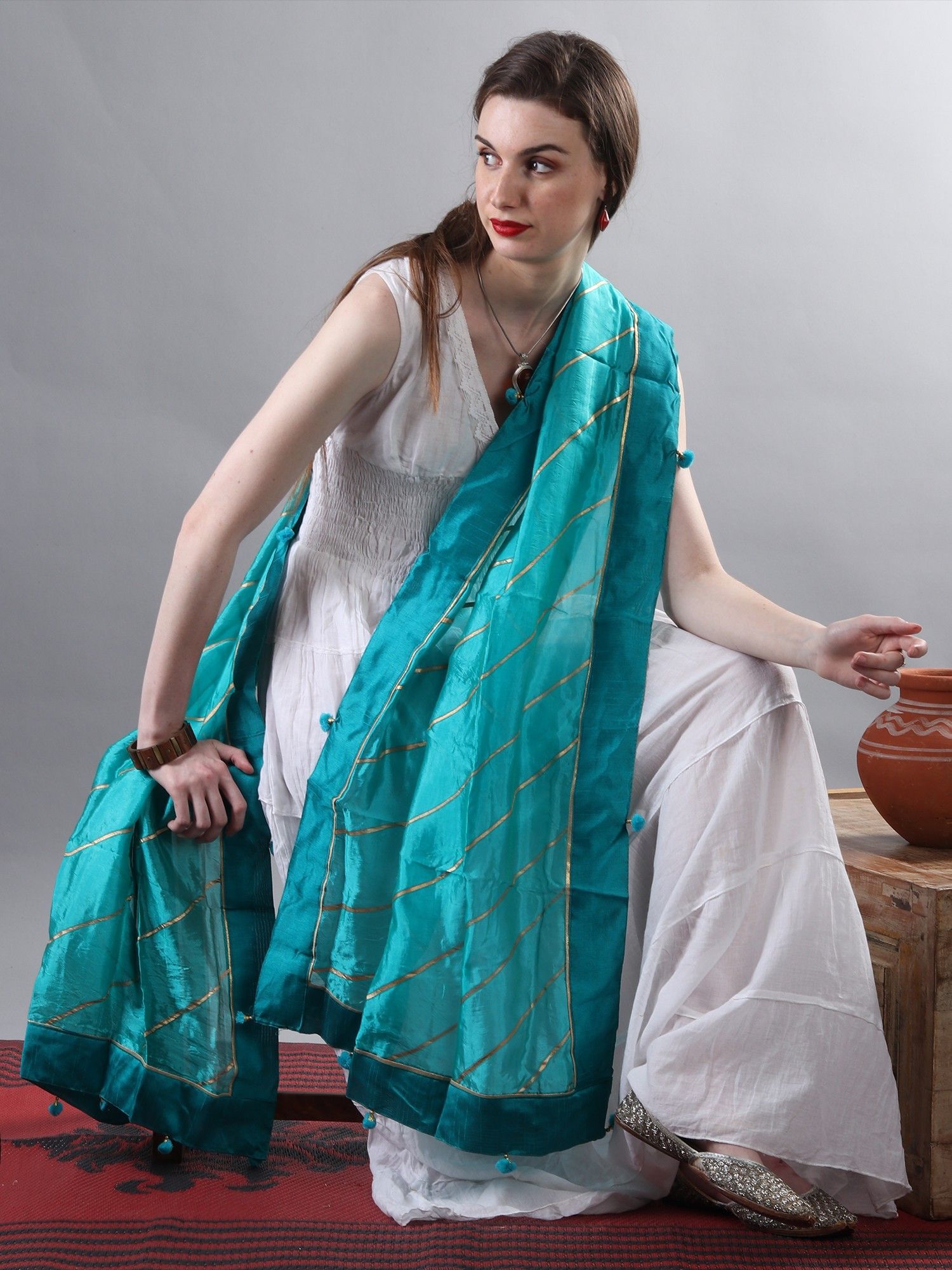 Teal-Blue Gota Dupatta from Amritsar with Patch Border and Pom-Poms
