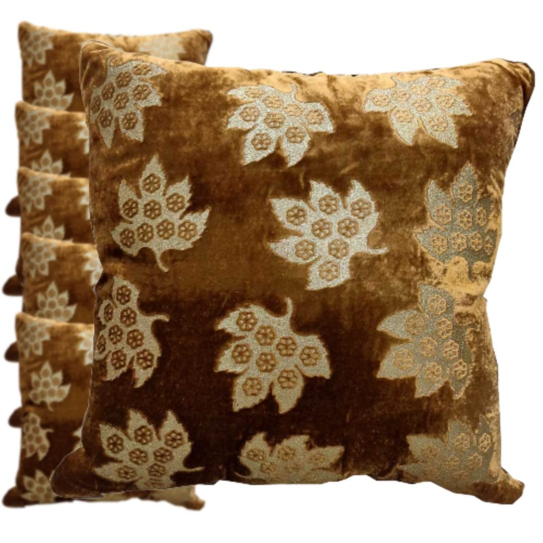 GOODVIBES Brown Golden Cushion Cover with Leaf Embroidered Stitched Zippered Velvet Combo Cushion Cover | 16X16 Inches | 40cm * 40 cm I Set of 6|
