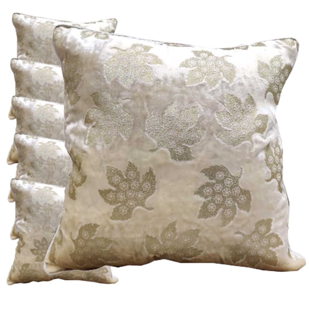 GOODVIBES Cream Ivory Cushion Cover with Leaf Embroidered Stitched Zippered Velvet Cushion Cover (Off White ) | 16X16 Inches | 40cm * 40 cm I Set of 6|