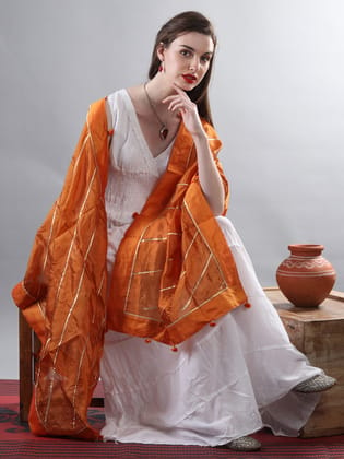 Rust-Orange Gota Dupatta from Amritsar with Patch Border and Pom-Poms