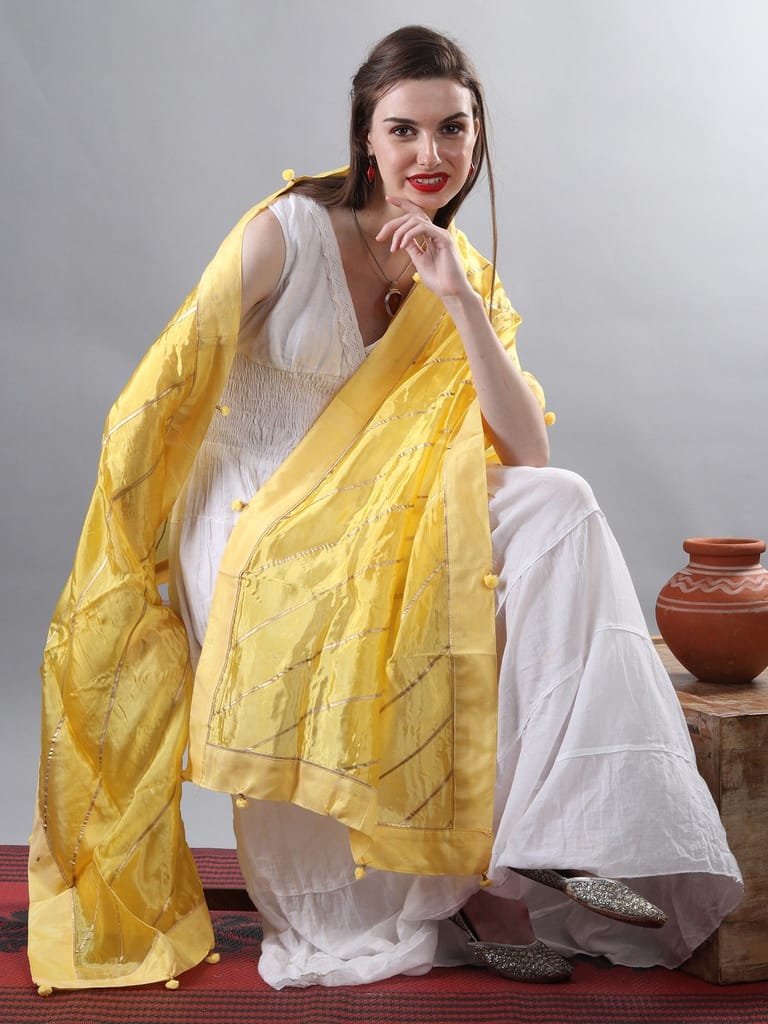 Pale-Yellow Gota Dupatta from Amritsar with Patch Border and Pom-Poms - Dupattas & Shawls | Buy online on ZillyBuy