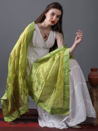 Lime-Green Gota Dupatta from Amritsar with Patch Border and Pom-Poms
