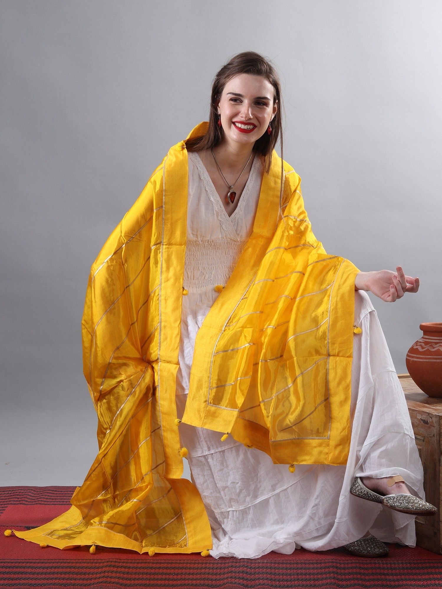 Mustard-Yellow Gota Dupatta from Amritsar with Patch Border and Pom-Poms