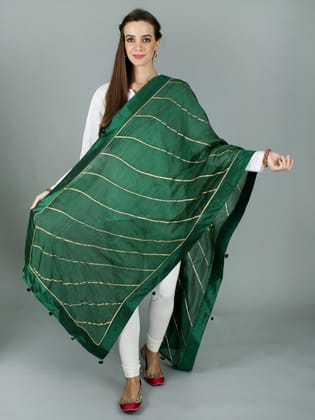 Green-Jacket Gota Dupatta from Amritsar with Patch Border and Pom-Poms