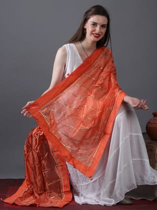 Fire Orange Gota Dupatta from Amritsar with Patch Border and Pom-Poms