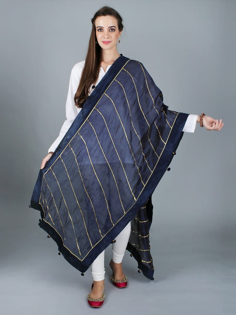 Estate-Blue Gota Dupatta from Amritsar with Patch Border and Pom-Poms - Dupattas & Shawls | Buy online on ZillyBuy