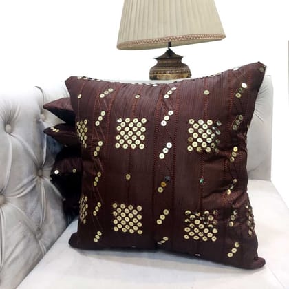 GOODVIBES Brown Golden Cushion Cover Sequins Silk Stitched Zippered Cushion Cover | 16X16 Inches | 40cm * 40 cm I Set of 5
