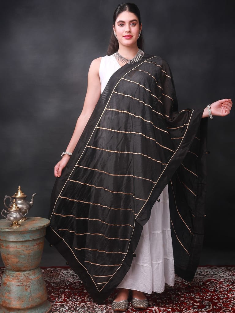 Caviar-Black Gota Dupatta from Amritsar with Patch Border and Pom-Poms - Dupattas & Shawls | Buy online on ZillyBuy