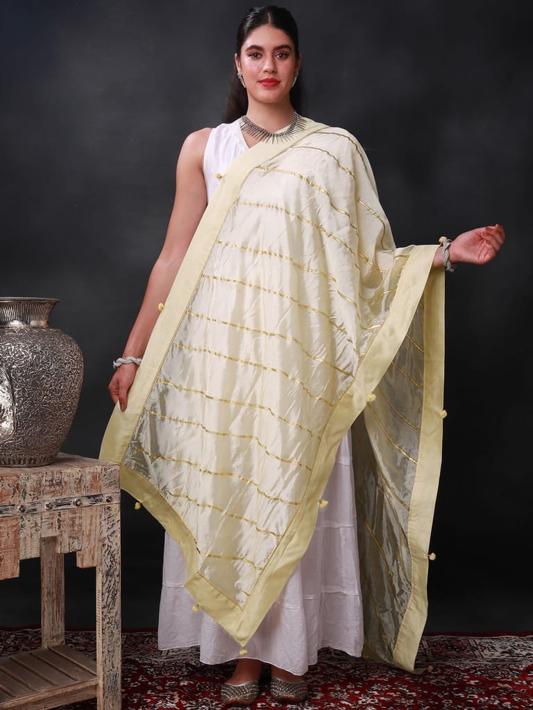 Cream Gota Dupatta from Amritsar with Patch Border and Pom-Poms - Dupattas & Shawls | Buy online on ZillyBuy