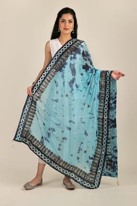 Sea-Jet Tie & Dye Pattern Digital Print Bemberg Chiffon Extra-Wide Dupatta With Tassels