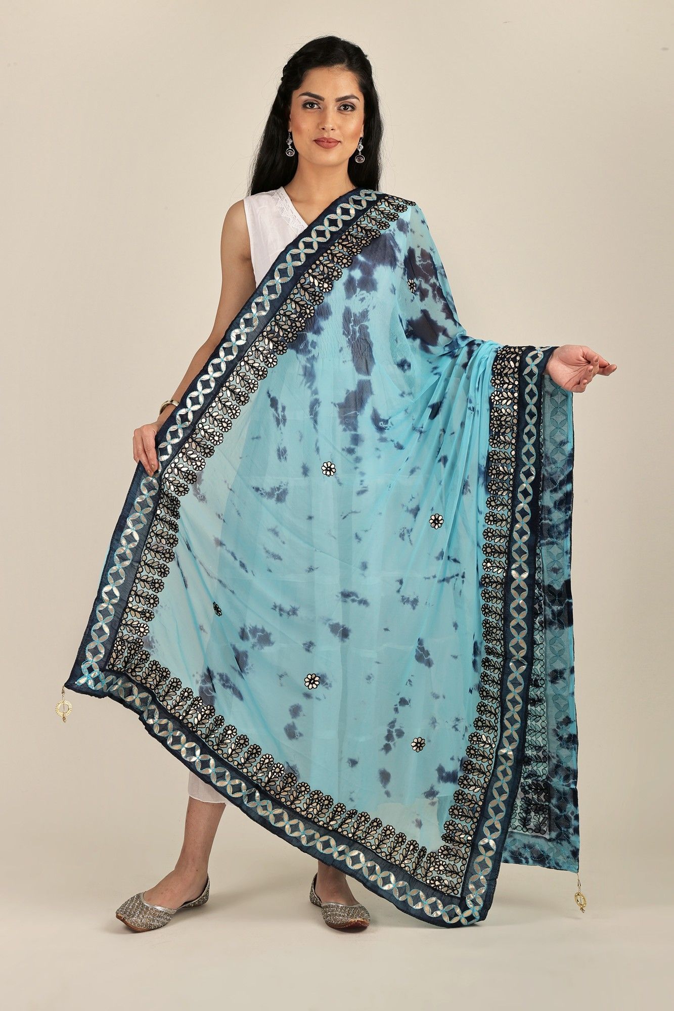Sea-Jet Tie & Dye Pattern Digital Print Bemberg Chiffon Extra-Wide Dupatta With Tassels
