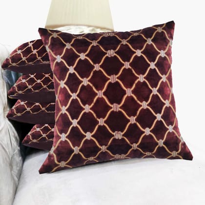 Brown Cushion Cover Geometric Zari Embroidered Stitched Zippered Velvet Cushion Cover | 16X16 Inches | 40cm * 40 cm I Set of 5