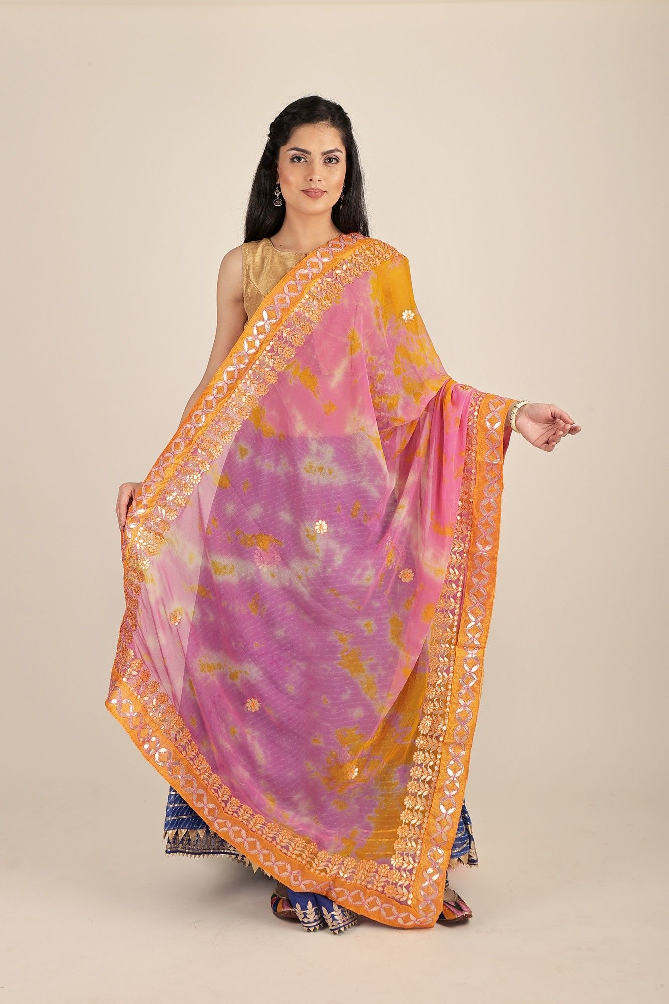 Violet Tie & Dye Pattern Digital Print Bemberg Chiffon Extra-Wide Dupatta With Tassels