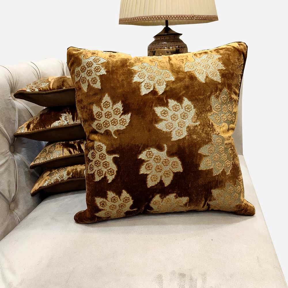 Brown Cushion Cover with Leaf Zari Embroidered Stitched Zippered Velvet Combo Cushion Cover (Gold ) | 16X16 Inches | 40cm * 40 cm I Set of 5 - Kurtas & Kurta Sets | Buy online on ZillyBuy