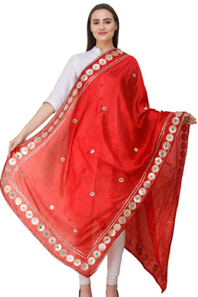 Rococco-Red Dupatta from Amritsar Embellished with Patch Border Rococco-Red Dupatta from Amritsar Embellished with Patch Border