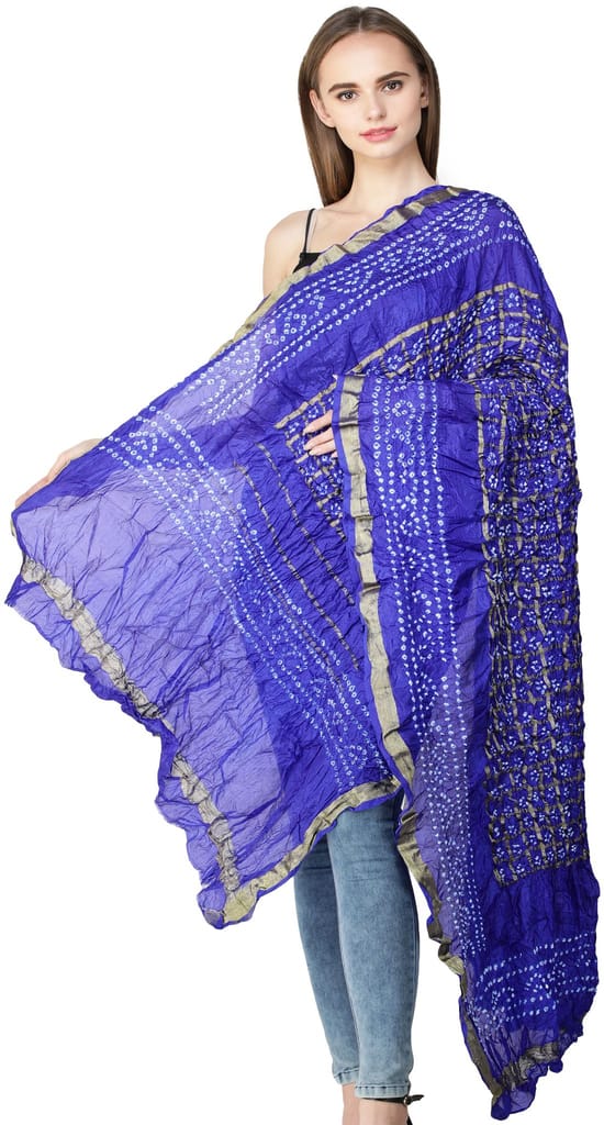 Medium-Blue Bandhani Tie-Dye Gharchola Dupatta from Jodhpur with Golden Thread Weave - Dupattas & Shawls | Buy online on ZillyBuy