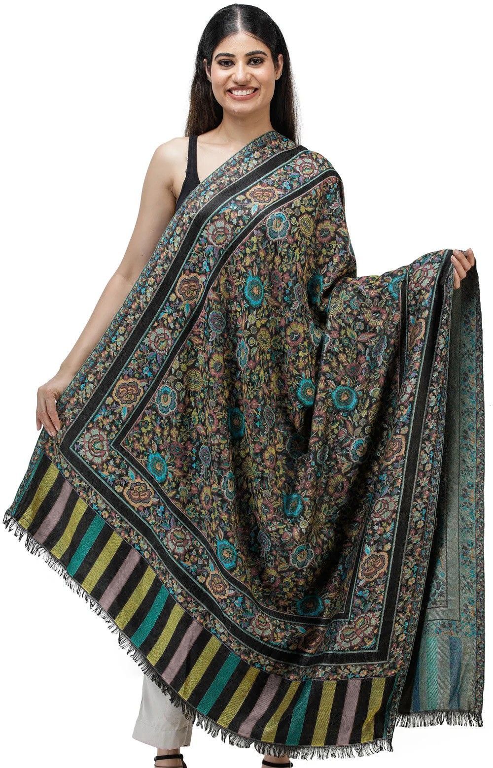 Unexplored Jamawar Shawl with Woven Flowers in Multicolored Thread