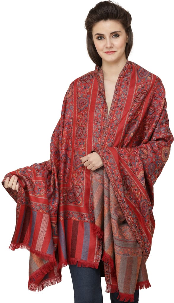 Bittersweet Jamawar Shawl with Woven Flowers in Multicolored Thread - Dupattas & Shawls | Buy online on ZillyBuy