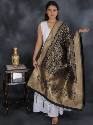 Jet-Black Bandhani Gharchola Dupatta with Zari Weave and Brocaded Border