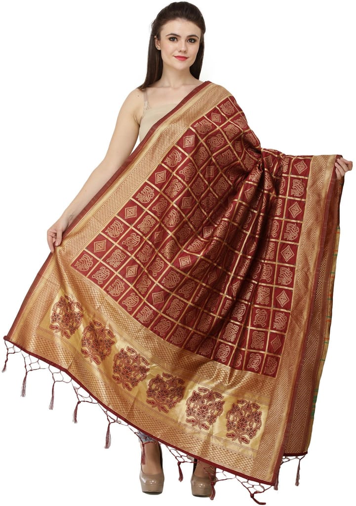 Deep-Caret Bandhani Gharchola Dupatta with Zari Weave and Brocaded Border - Dupattas & Shawls | Buy online on ZillyBuy