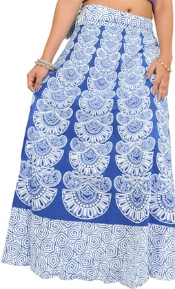 Princess-Blue Wrap-Around Long Skirt with Block-Print in Pastel Colors