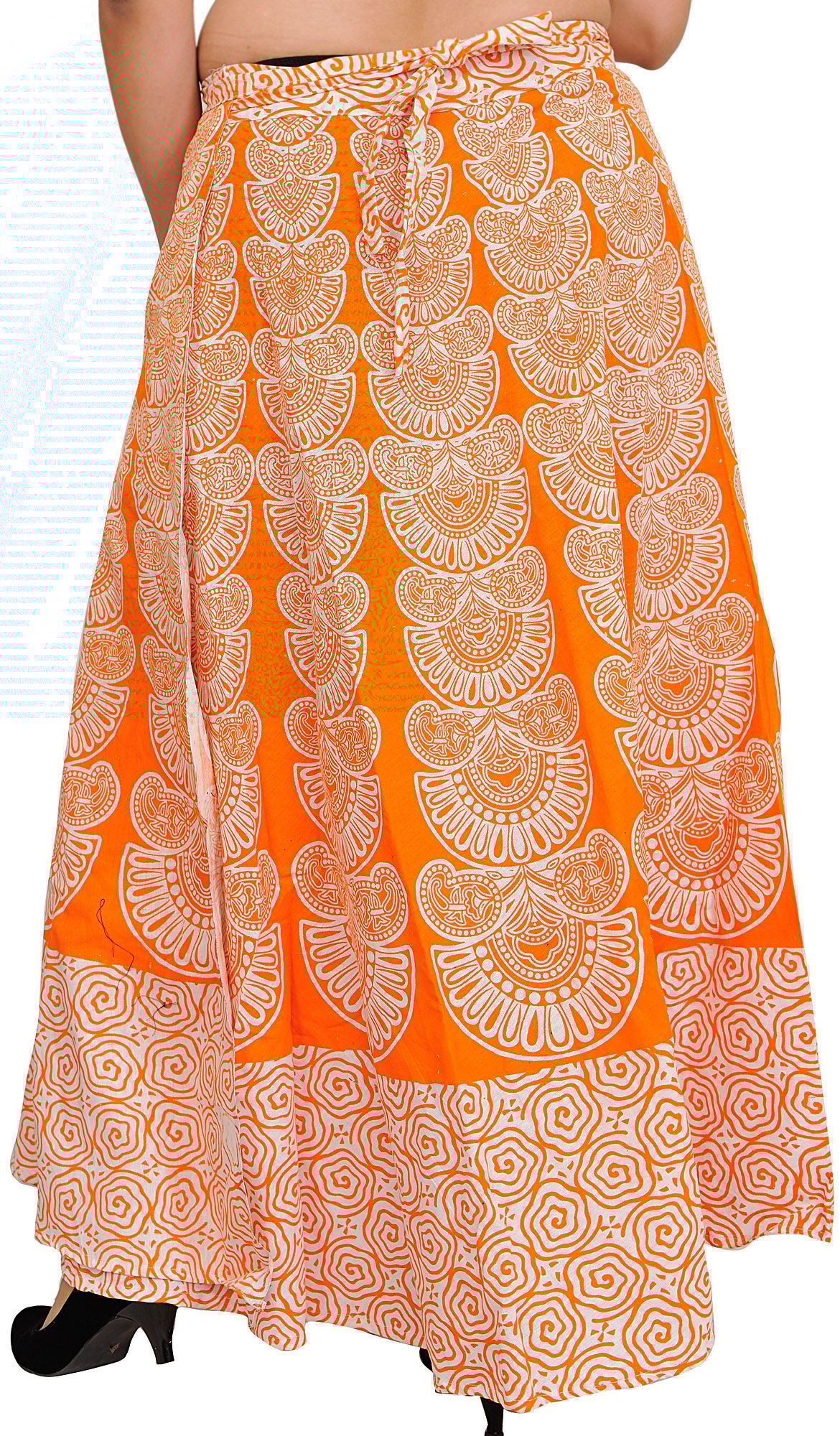Orange-Peel Wrap-Around Long Skirt with Block-Print in Pastel Colors