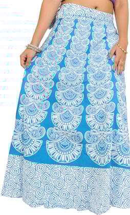 Methyl-Blue Wrap-Around Long Skirt with Block-Print in Pastel Colors