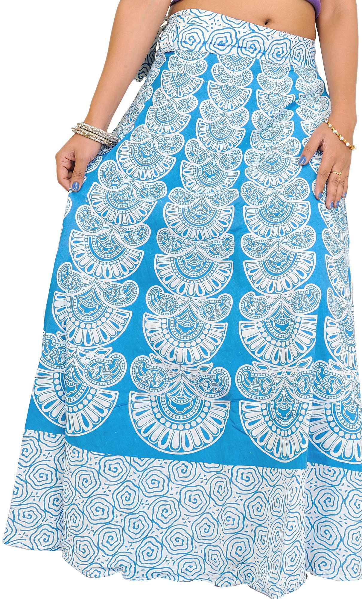 Methyl-Blue Wrap-Around Long Skirt with Block-Print in Pastel Colors