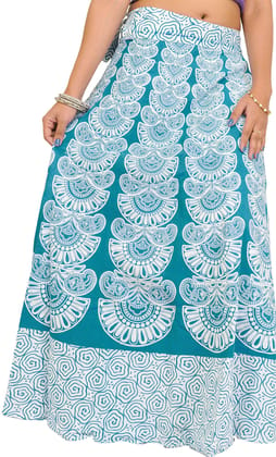 Mediterranian-Blue Wrap-Around Long Skirt with Block-Print in Pastel Colors