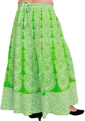 Classic-Green Wrap-Around Long Skirt with Block-Print in Pastel Colors