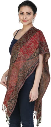 Scarlet-Back Reversible Jamawar Scarf from Amritsar with Woven Paisleys
