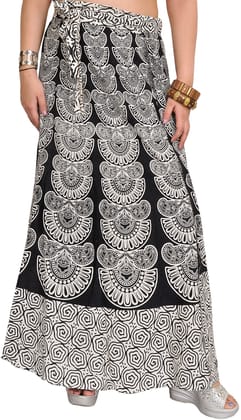Caviar-Black Wrap-Around Long Skirt with Block-Print in Pastel Colors