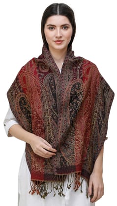 Windsor-Wine Reversible Jamawar Scarf from Amritsar with Woven Paisleys