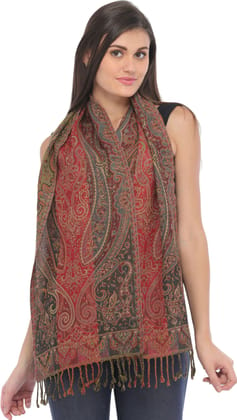 Red And Green Reversible Jamawar Scarf from Amritsar with Woven Paisleys